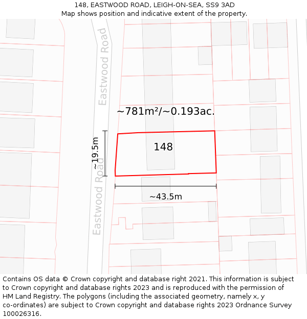 148, EASTWOOD ROAD, LEIGH-ON-SEA, SS9 3AD: Plot and title map