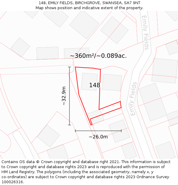 148, EMILY FIELDS, BIRCHGROVE, SWANSEA, SA7 9NT: Plot and title map