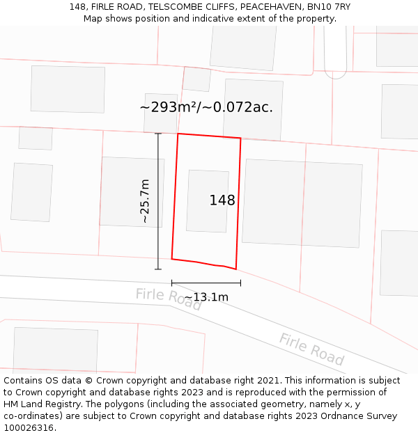 148, FIRLE ROAD, TELSCOMBE CLIFFS, PEACEHAVEN, BN10 7RY: Plot and title map