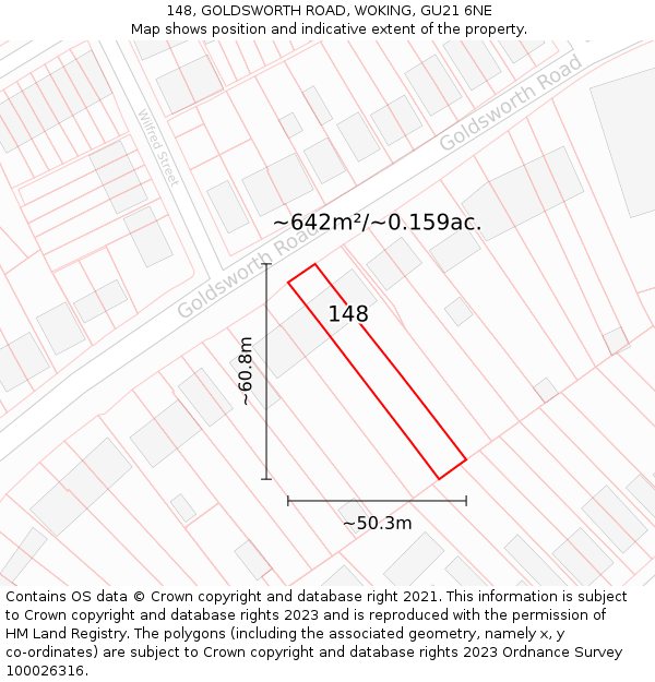 148, GOLDSWORTH ROAD, WOKING, GU21 6NE: Plot and title map