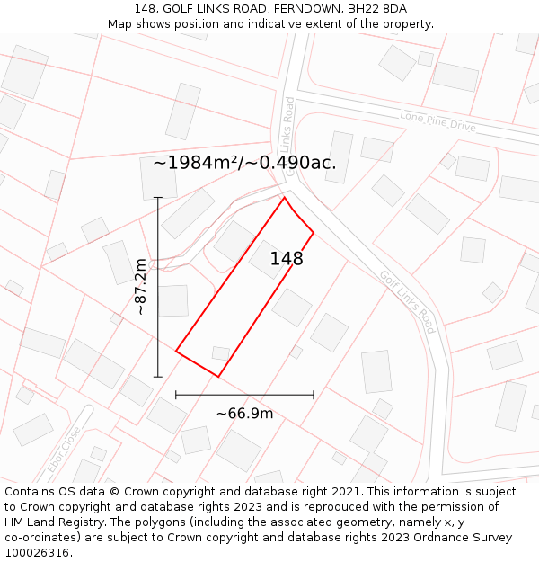 148, GOLF LINKS ROAD, FERNDOWN, BH22 8DA: Plot and title map