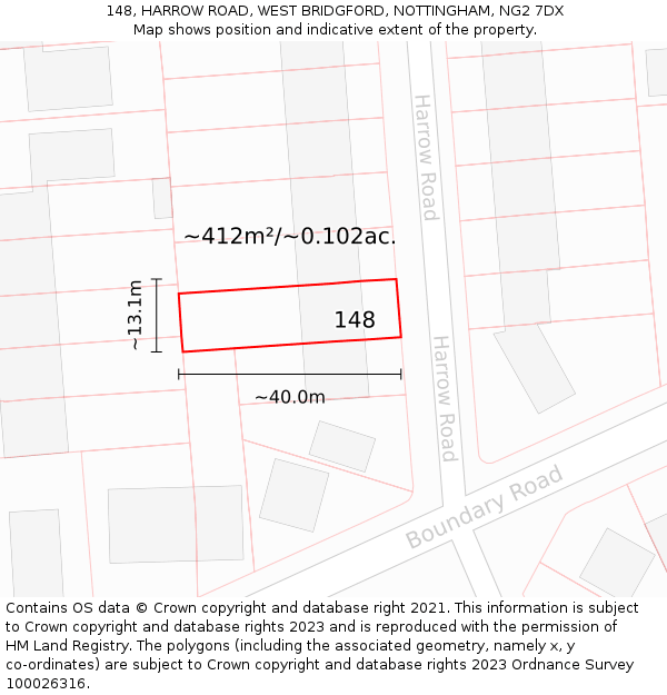 148, HARROW ROAD, WEST BRIDGFORD, NOTTINGHAM, NG2 7DX: Plot and title map