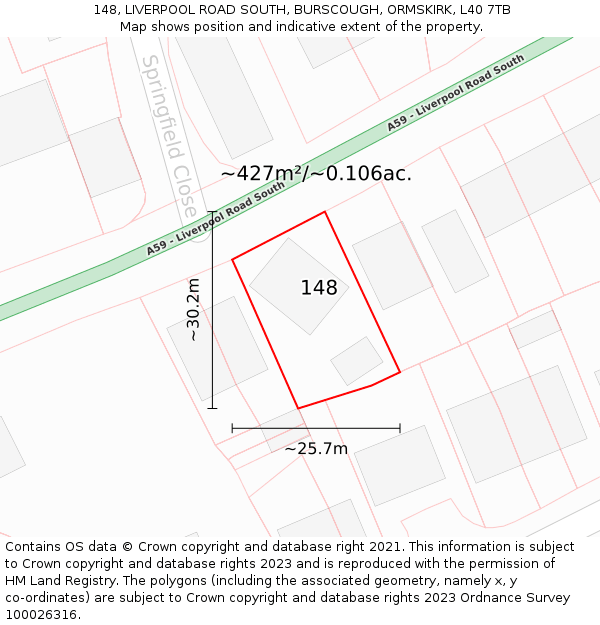 148, LIVERPOOL ROAD SOUTH, BURSCOUGH, ORMSKIRK, L40 7TB: Plot and title map