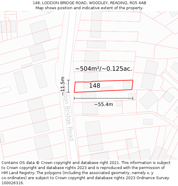 148, LODDON BRIDGE ROAD, WOODLEY, READING, RG5 4AB: Plot and title map