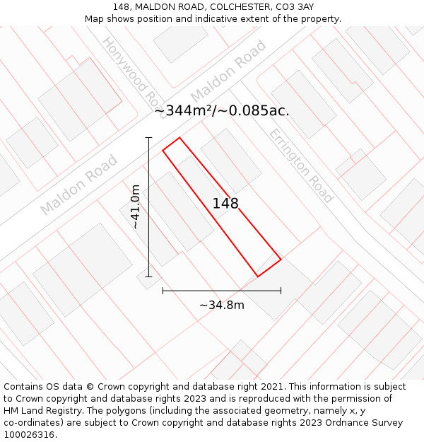 148, MALDON ROAD, COLCHESTER, CO3 3AY: Plot and title map