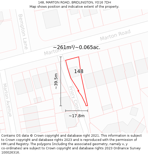 148, MARTON ROAD, BRIDLINGTON, YO16 7DH: Plot and title map