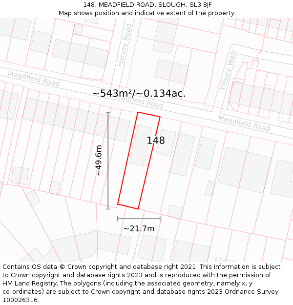 148, MEADFIELD ROAD, SLOUGH, SL3 8JF: Plot and title map