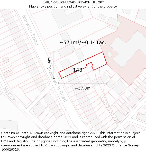 148, NORWICH ROAD, IPSWICH, IP1 2PT: Plot and title map