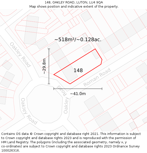 148, OAKLEY ROAD, LUTON, LU4 9QA: Plot and title map