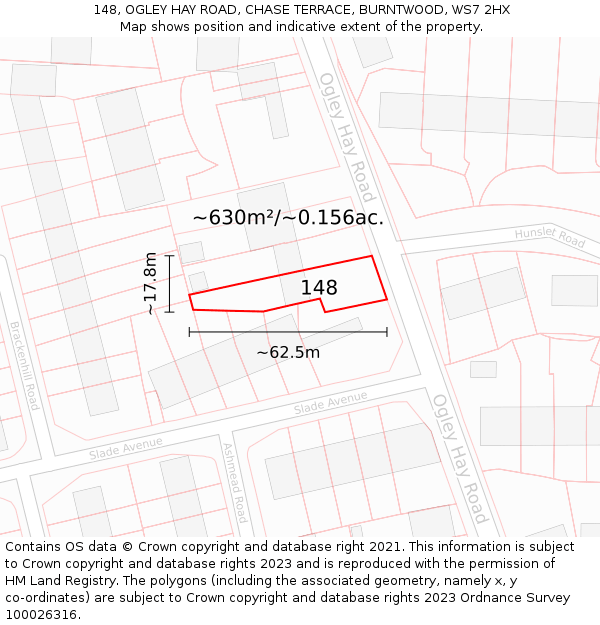 148, OGLEY HAY ROAD, CHASE TERRACE, BURNTWOOD, WS7 2HX: Plot and title map