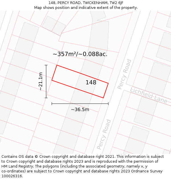 148, PERCY ROAD, TWICKENHAM, TW2 6JF: Plot and title map