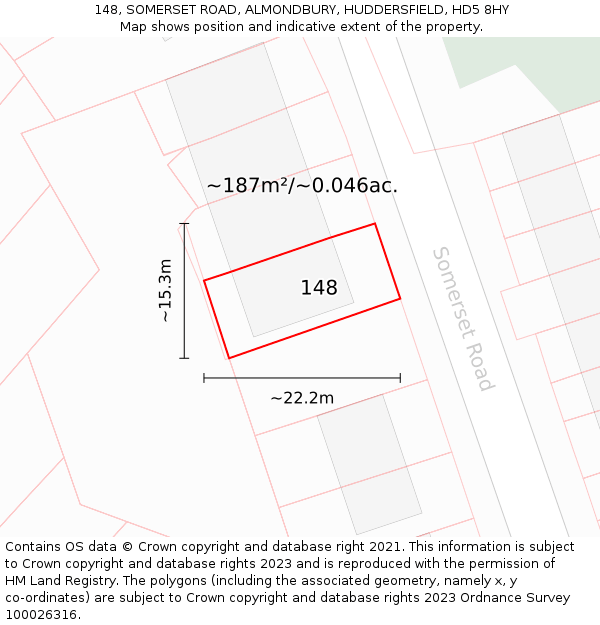 148, SOMERSET ROAD, ALMONDBURY, HUDDERSFIELD, HD5 8HY: Plot and title map