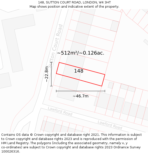 148, SUTTON COURT ROAD, LONDON, W4 3HT: Plot and title map