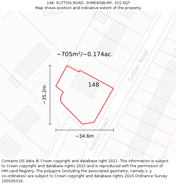 148, SUTTON ROAD, SHREWSBURY, SY2 6QT: Plot and title map