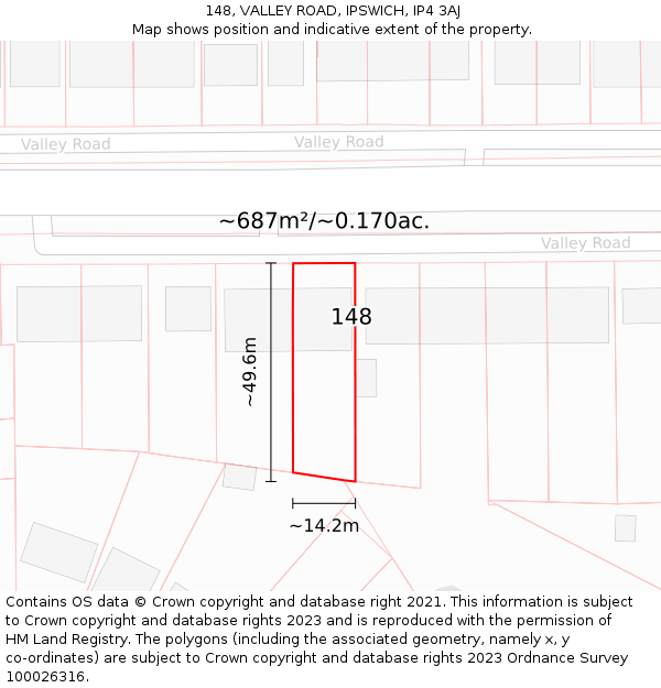 148, VALLEY ROAD, IPSWICH, IP4 3AJ: Plot and title map