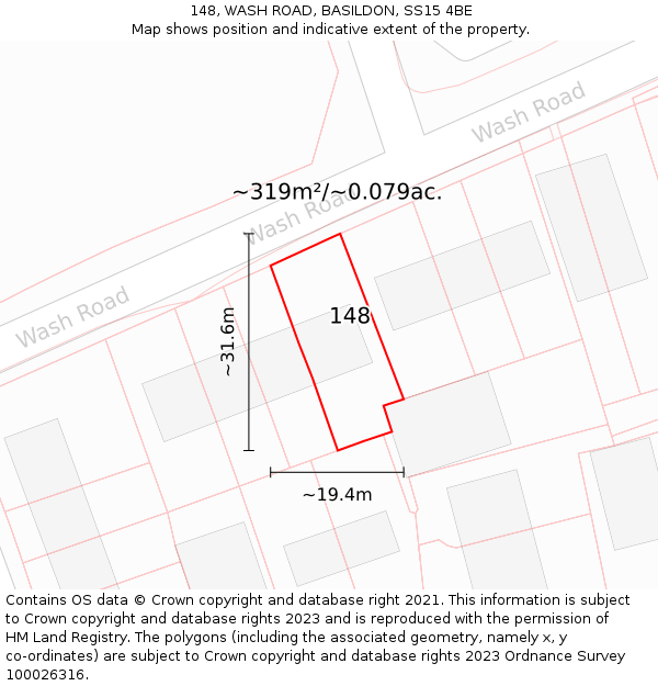 148, WASH ROAD, BASILDON, SS15 4BE: Plot and title map