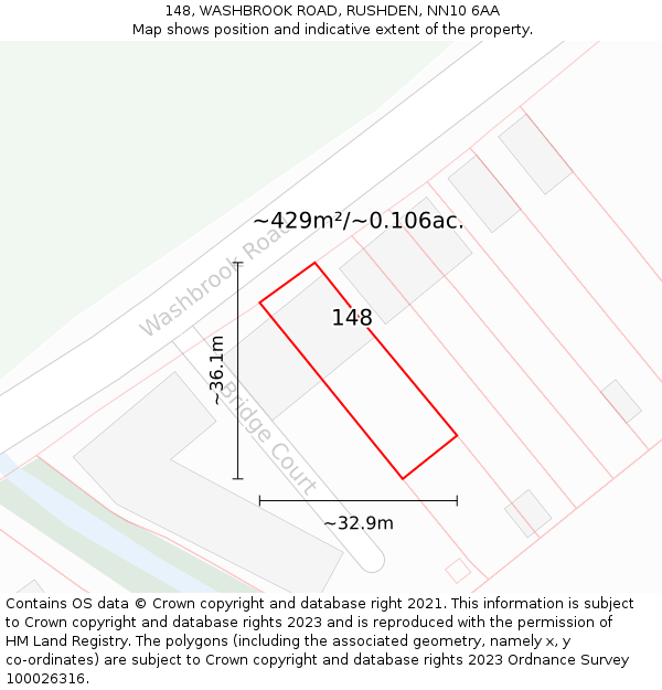 148, WASHBROOK ROAD, RUSHDEN, NN10 6AA: Plot and title map