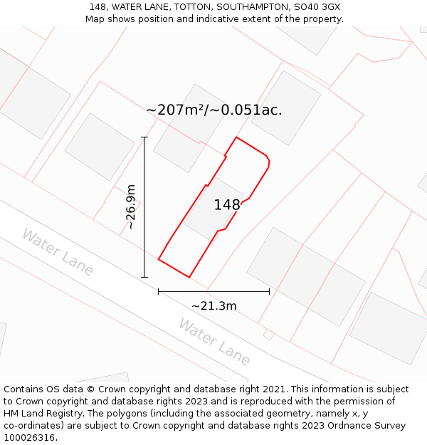 148, WATER LANE, TOTTON, SOUTHAMPTON, SO40 3GX: Plot and title map