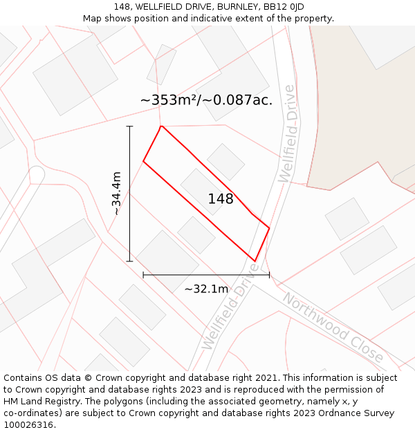 148, WELLFIELD DRIVE, BURNLEY, BB12 0JD: Plot and title map