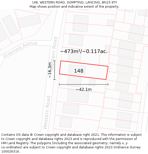 148, WESTERN ROAD, SOMPTING, LANCING, BN15 9TY: Plot and title map