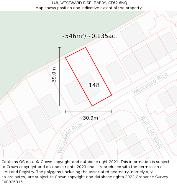 148, WESTWARD RISE, BARRY, CF62 6NQ: Plot and title map