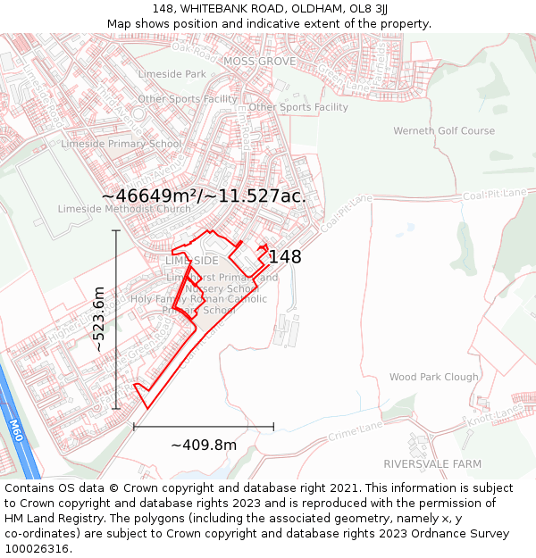 148, WHITEBANK ROAD, OLDHAM, OL8 3JJ: Plot and title map