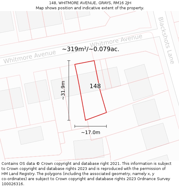 148, WHITMORE AVENUE, GRAYS, RM16 2JH: Plot and title map