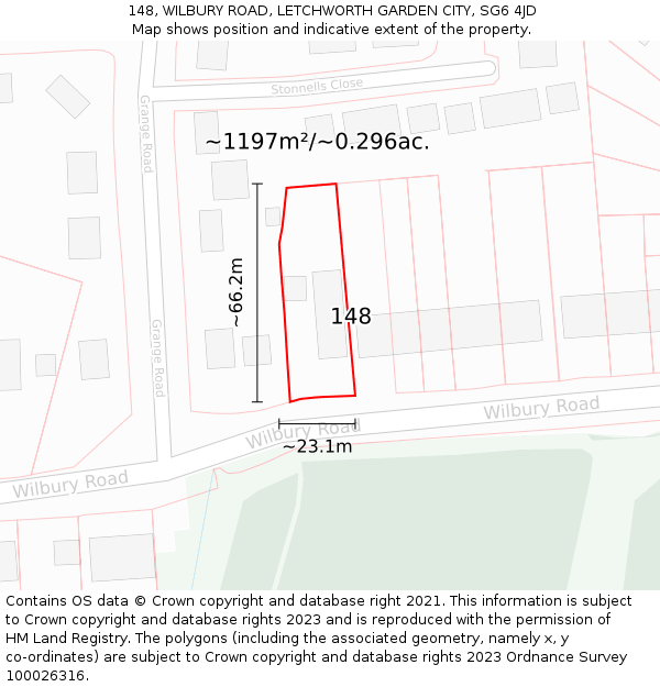 148, WILBURY ROAD, LETCHWORTH GARDEN CITY, SG6 4JD: Plot and title map