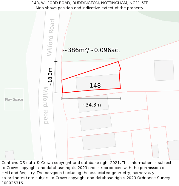 148, WILFORD ROAD, RUDDINGTON, NOTTINGHAM, NG11 6FB: Plot and title map