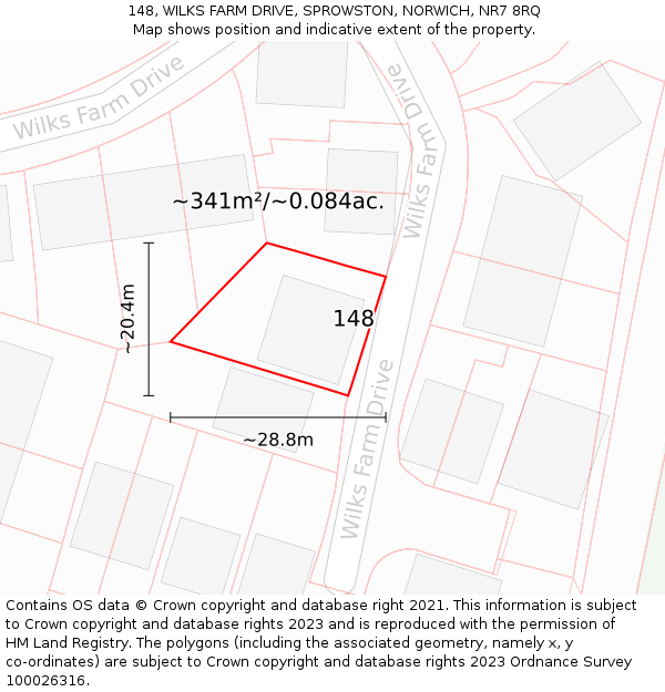 148, WILKS FARM DRIVE, SPROWSTON, NORWICH, NR7 8RQ: Plot and title map
