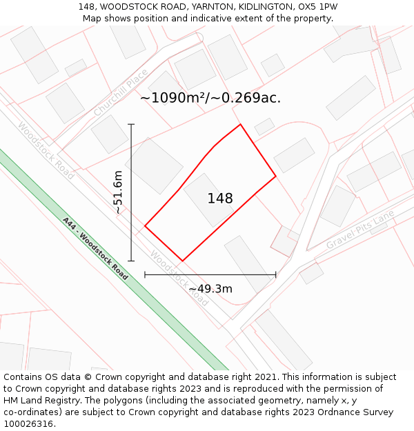148, WOODSTOCK ROAD, YARNTON, KIDLINGTON, OX5 1PW: Plot and title map