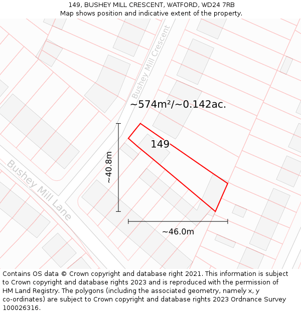 149, BUSHEY MILL CRESCENT, WATFORD, WD24 7RB: Plot and title map