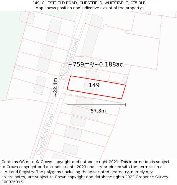 149, CHESTFIELD ROAD, CHESTFIELD, WHITSTABLE, CT5 3LR: Plot and title map