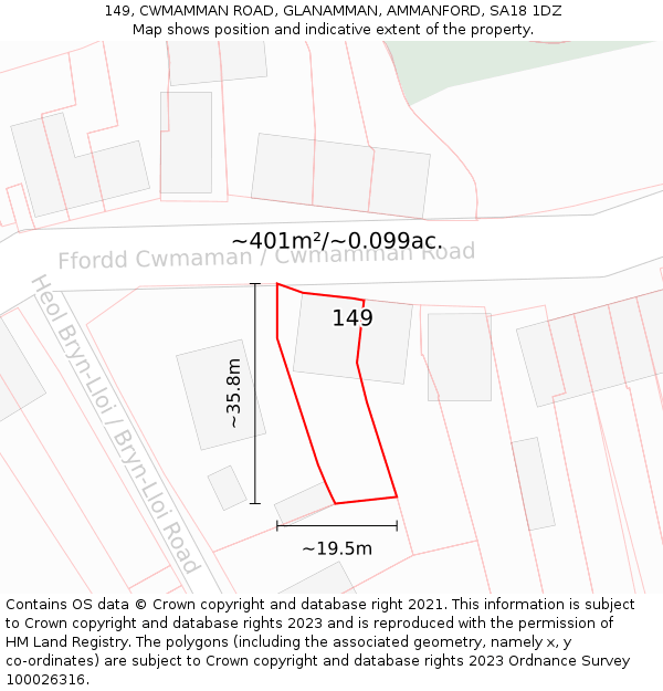 149, CWMAMMAN ROAD, GLANAMMAN, AMMANFORD, SA18 1DZ: Plot and title map