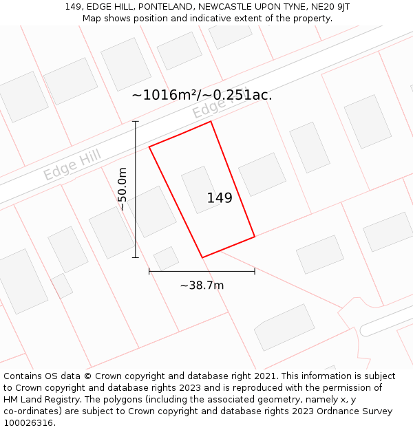 149, EDGE HILL, PONTELAND, NEWCASTLE UPON TYNE, NE20 9JT: Plot and title map