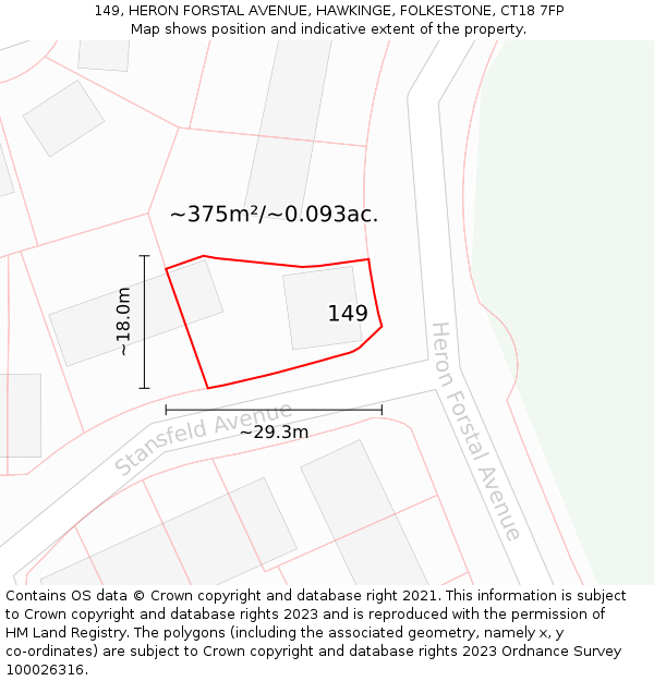 149, HERON FORSTAL AVENUE, HAWKINGE, FOLKESTONE, CT18 7FP: Plot and title map