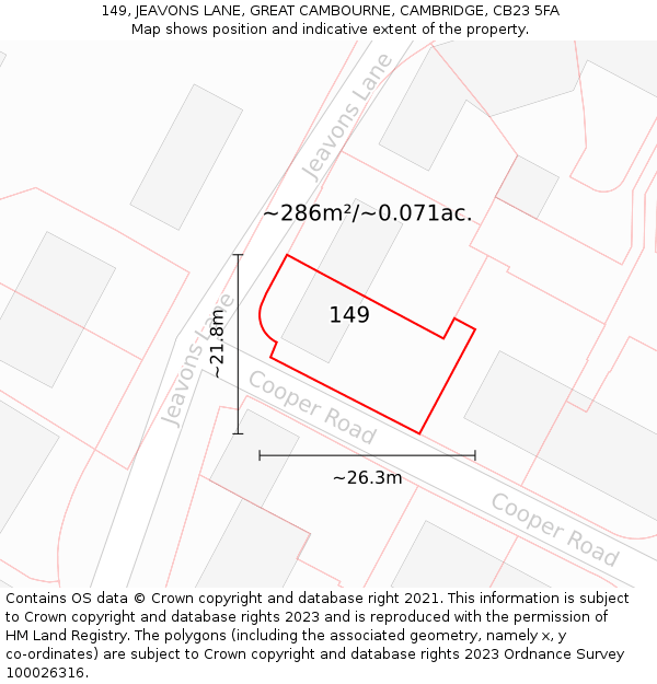 149, JEAVONS LANE, GREAT CAMBOURNE, CAMBRIDGE, CB23 5FA: Plot and title map