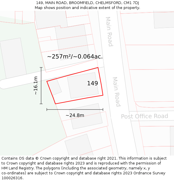 149, MAIN ROAD, BROOMFIELD, CHELMSFORD, CM1 7DJ: Plot and title map