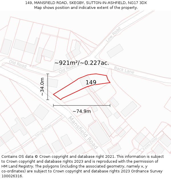 149, MANSFIELD ROAD, SKEGBY, SUTTON-IN-ASHFIELD, NG17 3DX: Plot and title map