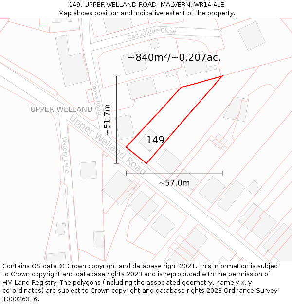 149, UPPER WELLAND ROAD, MALVERN, WR14 4LB: Plot and title map