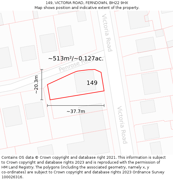 149, VICTORIA ROAD, FERNDOWN, BH22 9HX: Plot and title map