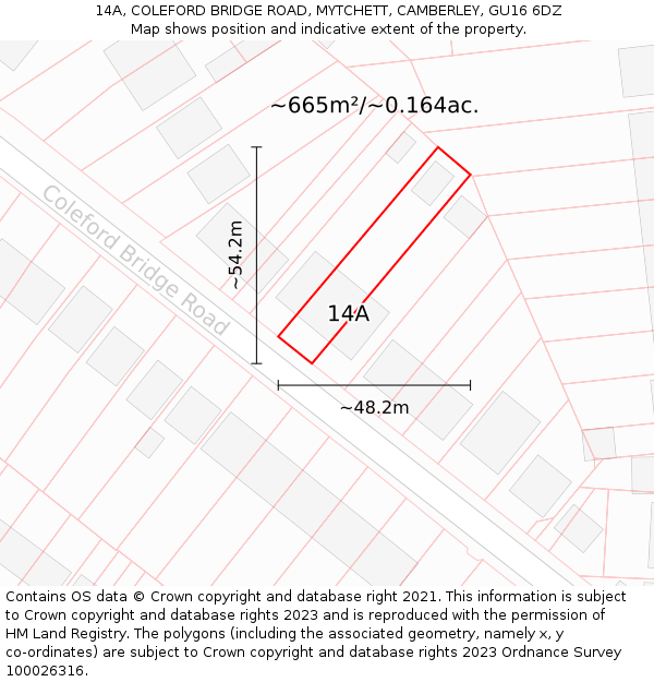 14A, COLEFORD BRIDGE ROAD, MYTCHETT, CAMBERLEY, GU16 6DZ: Plot and title map
