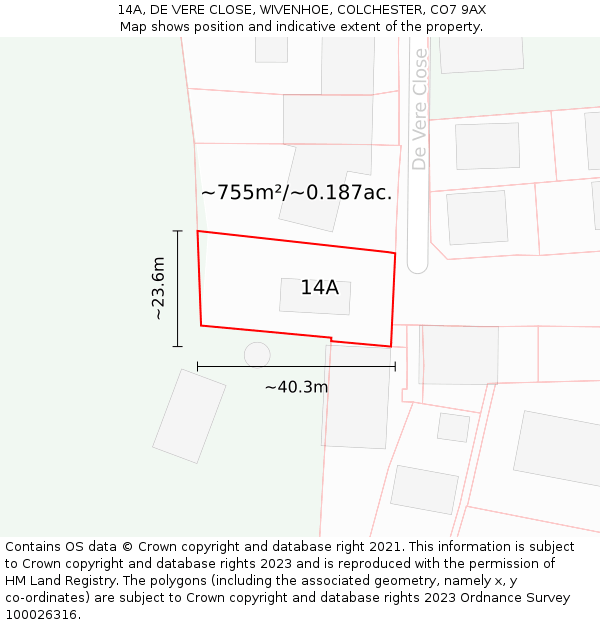 14A, DE VERE CLOSE, WIVENHOE, COLCHESTER, CO7 9AX: Plot and title map