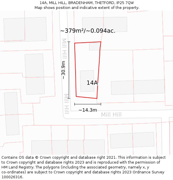 14A, MILL HILL, BRADENHAM, THETFORD, IP25 7QW: Plot and title map