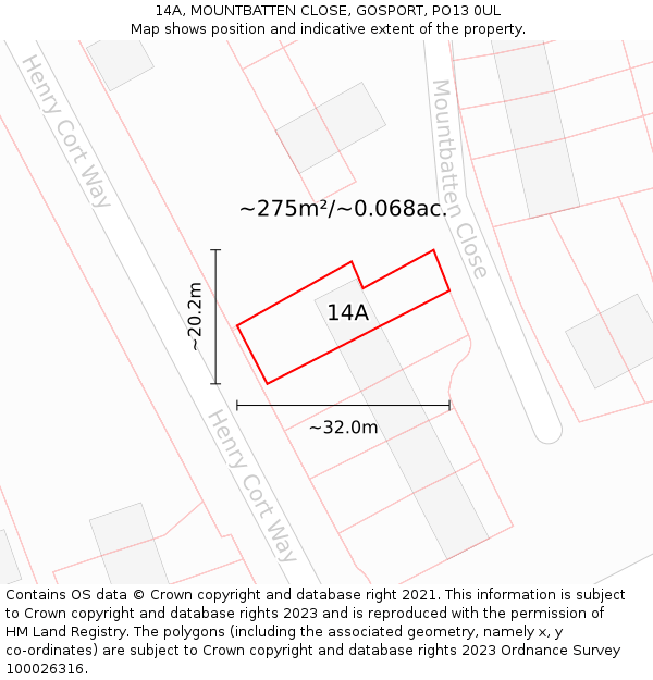 14A, MOUNTBATTEN CLOSE, GOSPORT, PO13 0UL: Plot and title map