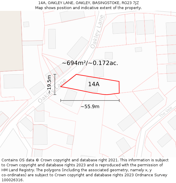 14A, OAKLEY LANE, OAKLEY, BASINGSTOKE, RG23 7JZ: Plot and title map