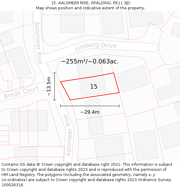 15, AALSMEER RISE, SPALDING, PE11 3JD: Plot and title map