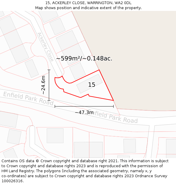 15, ACKERLEY CLOSE, WARRINGTON, WA2 0DL: Plot and title map