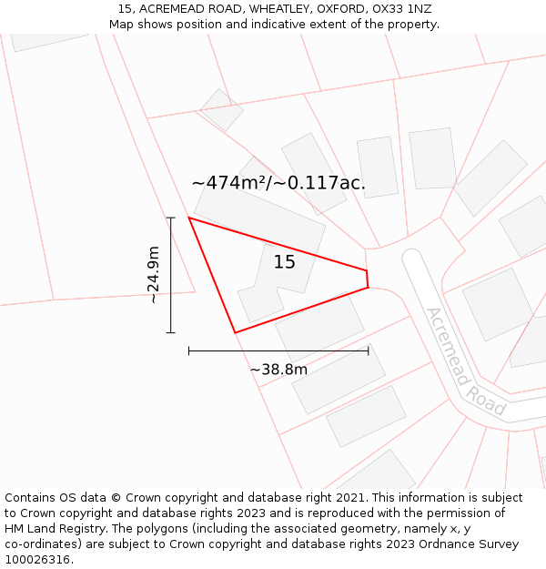 15, ACREMEAD ROAD, WHEATLEY, OXFORD, OX33 1NZ: Plot and title map