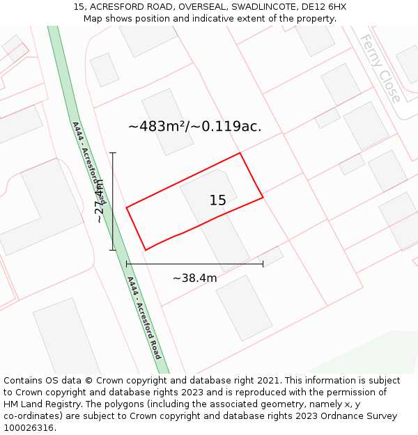 15, ACRESFORD ROAD, OVERSEAL, SWADLINCOTE, DE12 6HX: Plot and title map